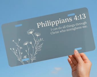 Teal Floral Philippians 4:13 License Plate, Blue Wildflower Christian Car Decor