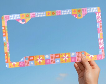 Geometric Retro Floral License Plate Frame, Whimsical Flower Car Accessory