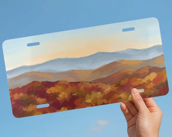 Fall Mountain Sunrise Painted Design Front License Plate, Mountain Car Accessory