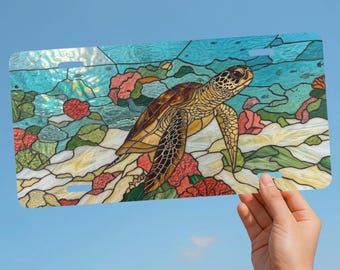 Stained Glass Style Sea Turtle License Plate, Faux Glass Design Ocean Car Accessory