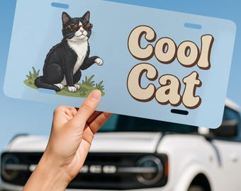 Cool Cat Funny Cat License Plate in Blue, Retro Car Accessory