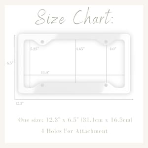 May include: A white plastic license plate frame with four holes for attachment. The frame measures 12.3 inches by 6.5 inches (31.1 cm by 16.5 cm).