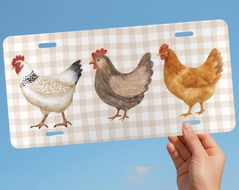 Chicken License Plate with Brown Gingham Print, Cute Farm Animals, Western Car Decor