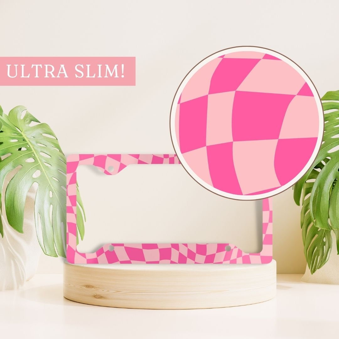 Pink Retro License Plate Frame, Checkered License Plate Holder, Pink