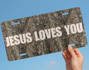 Camo Print Jesus Loves You License Plate, Christian Car Decor
