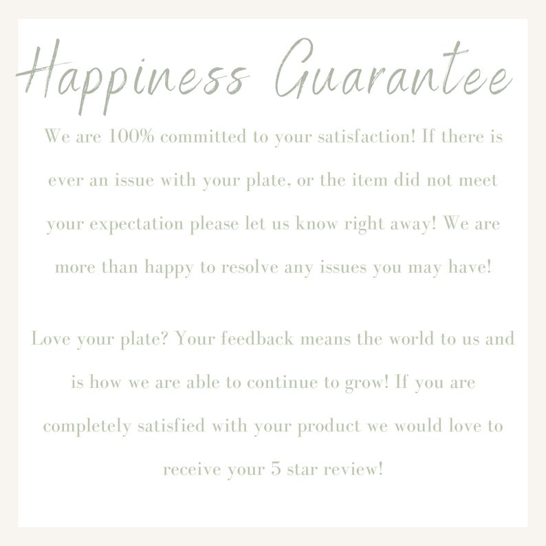 May include: Happiness Guarantee text on a white background. The text states that the seller is committed to customer satisfaction and encourages customers to provide feedback.