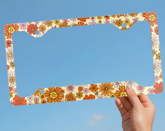Pink and Orange Retro Style Floral License Plate Frame, Flower Car Accessory