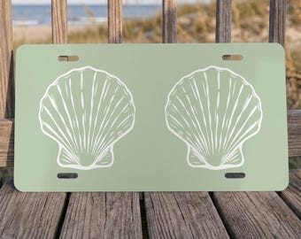 Seashell Front License Plate in Green, Coastal Car Accessory