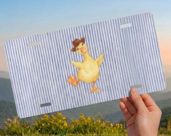 Cowboy Duckling Seersucker Blue Stripe Front License Plate, Preppy Car Accessory