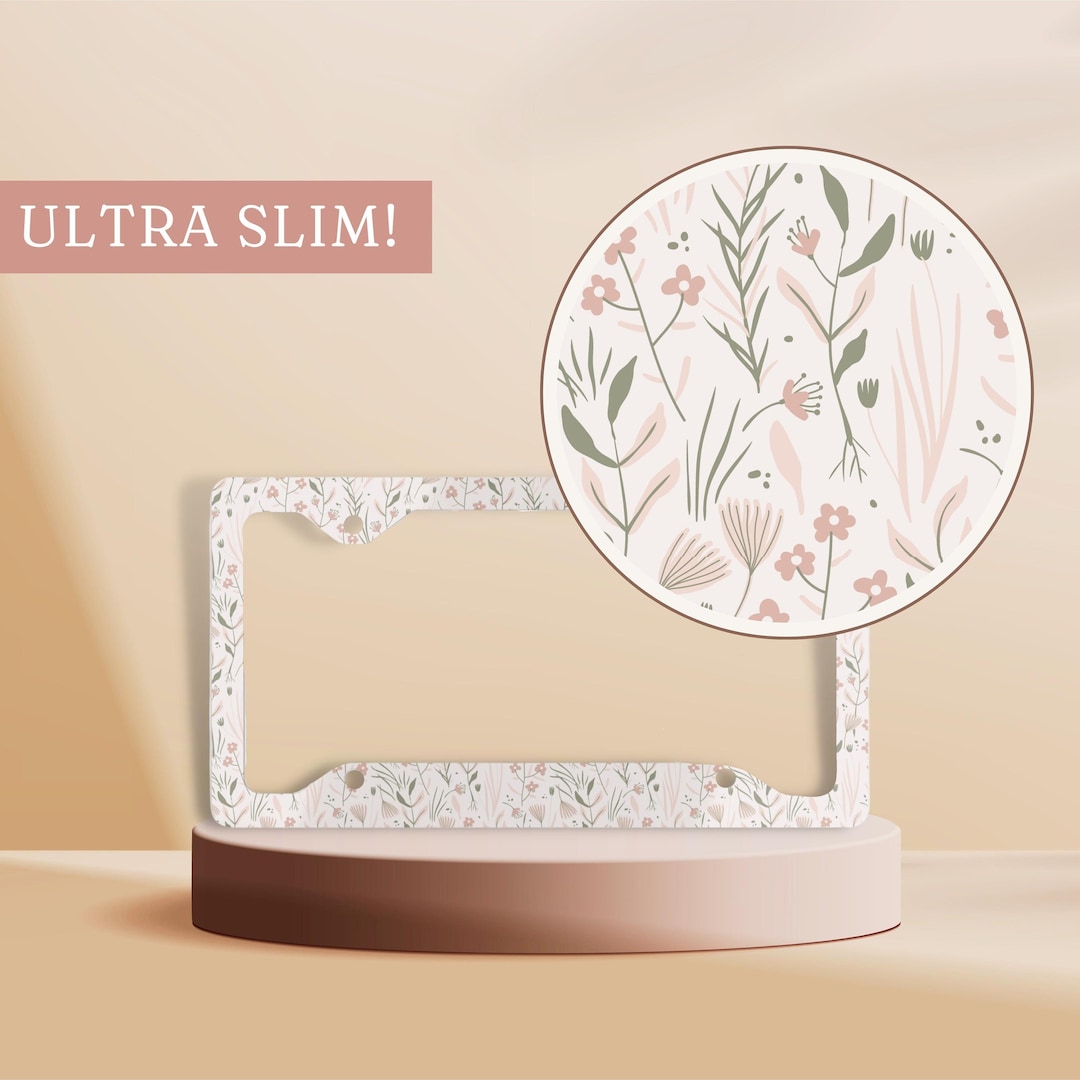 Pink Floral Metal License Plate Frame, Dainty Flower License Plate