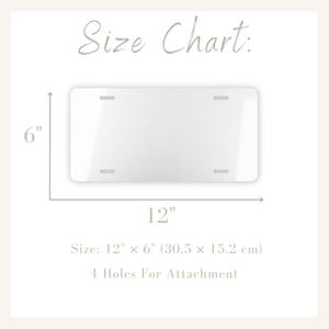 May include: A white metal blank number plate with four holes for attachment. The plate measures 12 inches by 6 inches (30.5 cm x 15.2 cm).