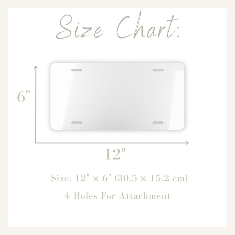 May include: A white metal blank number plate with four holes for attachment. The plate measures 12 inches by 6 inches (30.5 cm x 15.2 cm).