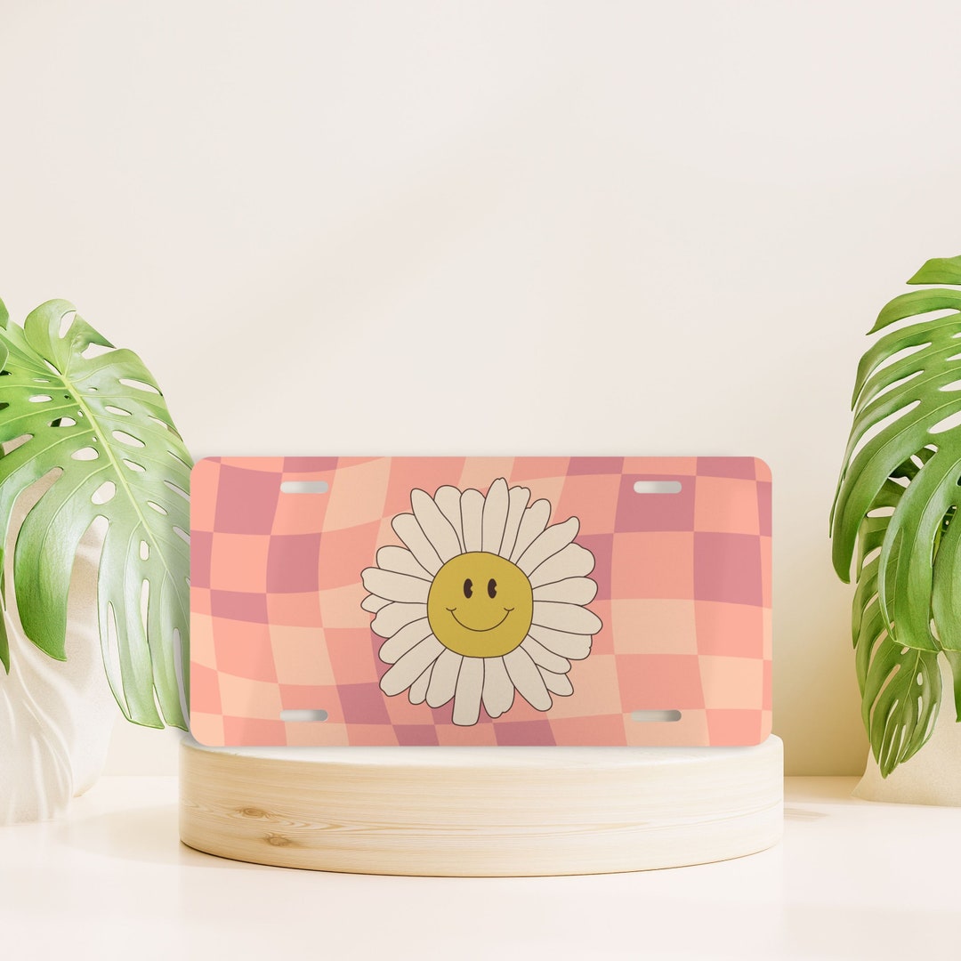 Retro Daisy License Plate, Checker Print License Plate, Cute Car