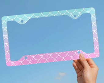 Pink and Blue Gradient Fish Scale License Plate Frame, Coastal Car Accessory