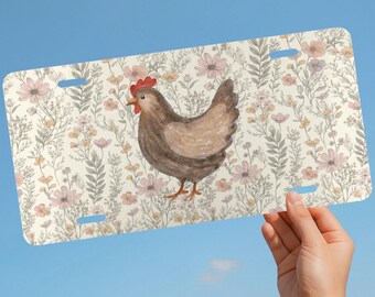 Chicken License Plate with Pink Flower Print, Western Watercolor Car Decor