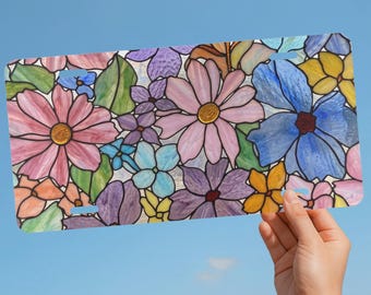 Faux Stained Glass Flower Design Front License Plate, Floral Car Accessory