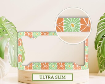 Retro Floral License Plate Frame, Pastel Orange and Green License Plate Holder, Floral License Plate Cover, Whimsical Decor, Car Accessory