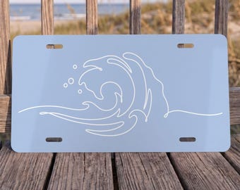 Blue Ocean Wave Front License Plate with Hand Drawn Design, Coastal Car Accessory