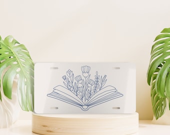 Book Lover License Plate, Flower Front License Plate, Minimal Vanity License Plate, Book Lover Gift, Book Worm License Plate