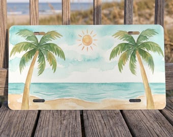 Tropical Beach Watercolor Style Front License Plate, Ocean Car Accessory