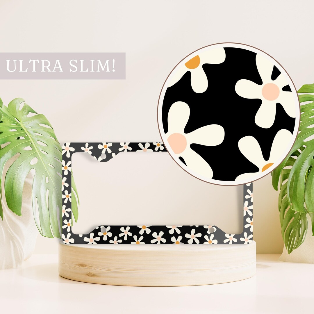Black and White Daisy License Plate Frame, Flower License Plate Holder