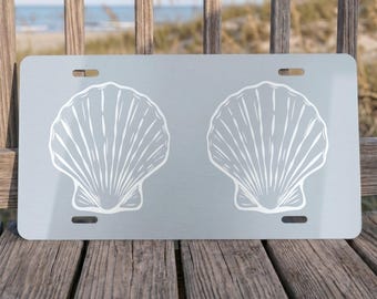 Seashell Drawing Front License Plate in Grey-Blue, Coastal Car Accessory
