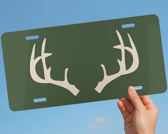 Buck Antler Green Front License Plate, Deer Antler Mount Car Accessory