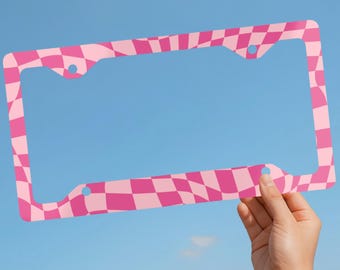 Pink Retro License Plate Frame with Wavy Checkered Pattern, Girls Car Accessory