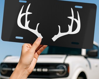 Black and White Buck Antler License Plate, Hunting Car Accessory