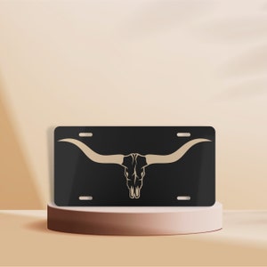 Western License Plate, Long Horn Accessory, Boho Cow Skull License Plate, Black Vanity License Plate, Cute Car Accessory, Boho Cowgirl Gift