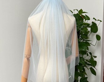 Light Blue Tulle Wedding Veil, Solid Tulle Bridal Veil, Minimalist Wedding veil Short Elbow Veil Fingertip Veil, Blue Wedding Veil with Comb