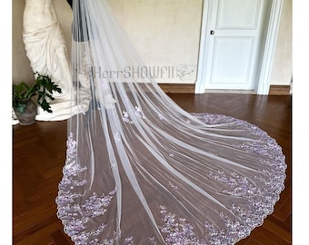 Romantic Violet Flower Wedding Veil, Fairy Lilac Flower Lace Veil, Vintage French Manor Flowery Veil 1 Tier Bridal Veil for Flower Faerie