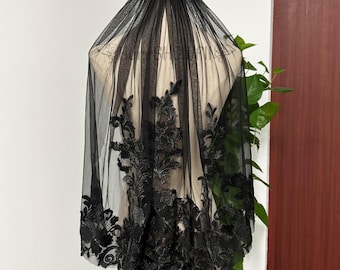 Gothic Black Veil Flower Lace Veil with Bow Shoulder Veil 26&#39;&#39; 1 Tier Veil Vintage Black Flower Veil Elbow Wedding Veil Support Custom Veil