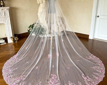 Blush Pink Flower Wedding Veil, Fairy Flower Lace Veil,1 Tier 118&#39;&#39; Cathedral Veil Luxurious Pearled Bridal Veil for Flower Faerie Wedding