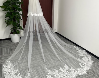 Vintage Embroidered Flower Wedding Veil, Bridal Veil Lace Floral, 2 Tier 118&quot; Cathedral Veil With Blusher, Drop Veil Peony Blooms Royal Veil