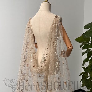 Starry Star & Moon Light Gold Cape for Festival Party, Sparkling Wedding Cloak, Celestial Veil, Fancy Dress Cape Shoulder Cape Veil Halloween
