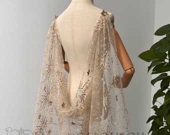 Starry Star& Moon Light Gold Cape for Festival Party, Sparkling Wedding Cloak, Celestial Veil, Fancy Dress Cape Shoulder Cape Veil Halloween