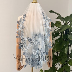 Veil Wedding with Blue Floral Lace Bridal Veil, Blue Wedding Veil, Embroidered Veil, Elbow Veil, Handmade Veil, Statement Veil, Flower Veil