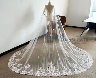 Wedding Cape Veil with Blush Pink Flowers Lace, Luxury Pearls Flowery Bridal Cape, V-Back Shape Cape, Chapel Cape, Handmade Wedding Cloak
