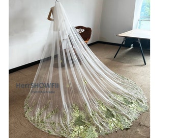 118&#39;&#39; Cathedral Veil, Green Wedding Veil, Cirrus Green Garden Bridal Veil, Fairy Floral Lace Veil, Lawn Wedding Forest Embroidery Lace Veil
