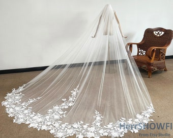 Bridal Veil with Pearls 3D Scattered Small Flowers, Floral Lace Wedding Veil 1-Tier 118&quot; Cathedral, Lace Wedding Veil with Comb