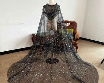 Gothic Black Wedding Cape with Hood, White Star Hooded Bridal Veil, Dark Bridal Veil, Starry Chapel Veil, Custom Length Festival Party Veil