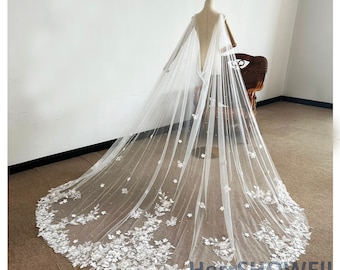 voile de mariage ivoire vintage pour fée, voile de mariée en dentelle fleurie féerique, voile cathédrale, voile de chapelle, voile de cape d’épaule avec perles éparses