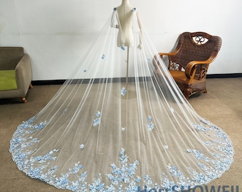 Fairy Blue Flowery Lace Bridal Veil, Blue Flower Wedding Veil, Soft Tulle Ivory Bridal Veil, Chapel Length Veil Cape Custom Bridal Cape Veil