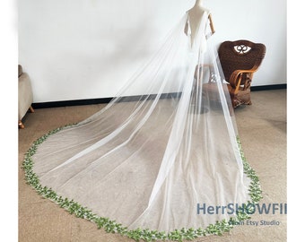 Fairy Green Leaves Lace Bridal Cape, Ivory Wedding Veil, Fairy Tulle Custom Veil Cape, Chapel/Cathedral Bridal Wedding Veil Cape Handmade