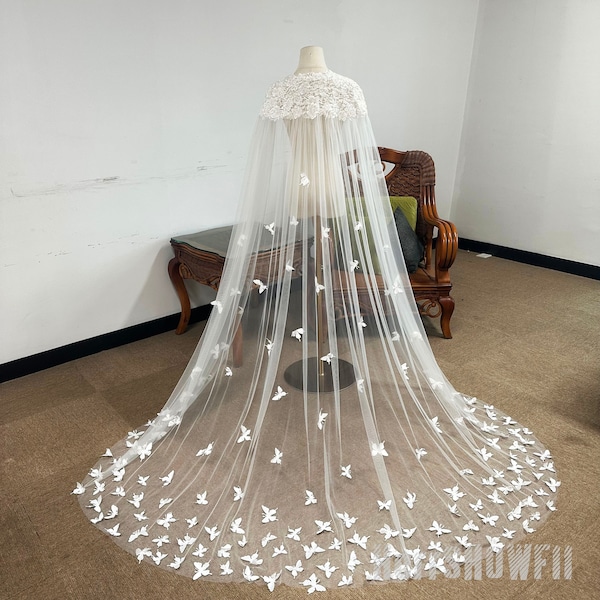 Luxury Floral Beaded Appliques Wedding Veil,Cospaly Costume Cape with Scattered Butterflies,Floral Lace Cathedral Veil, Long Shoulder Cape