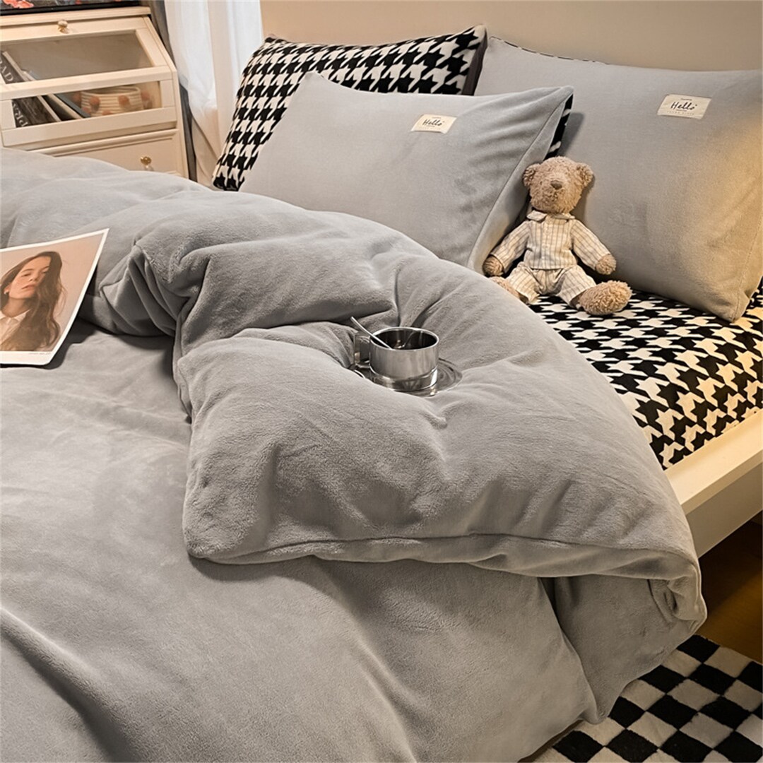 Sample Gray Velvet Bedding Set Hot Winter Houndstooth Bed Sheet