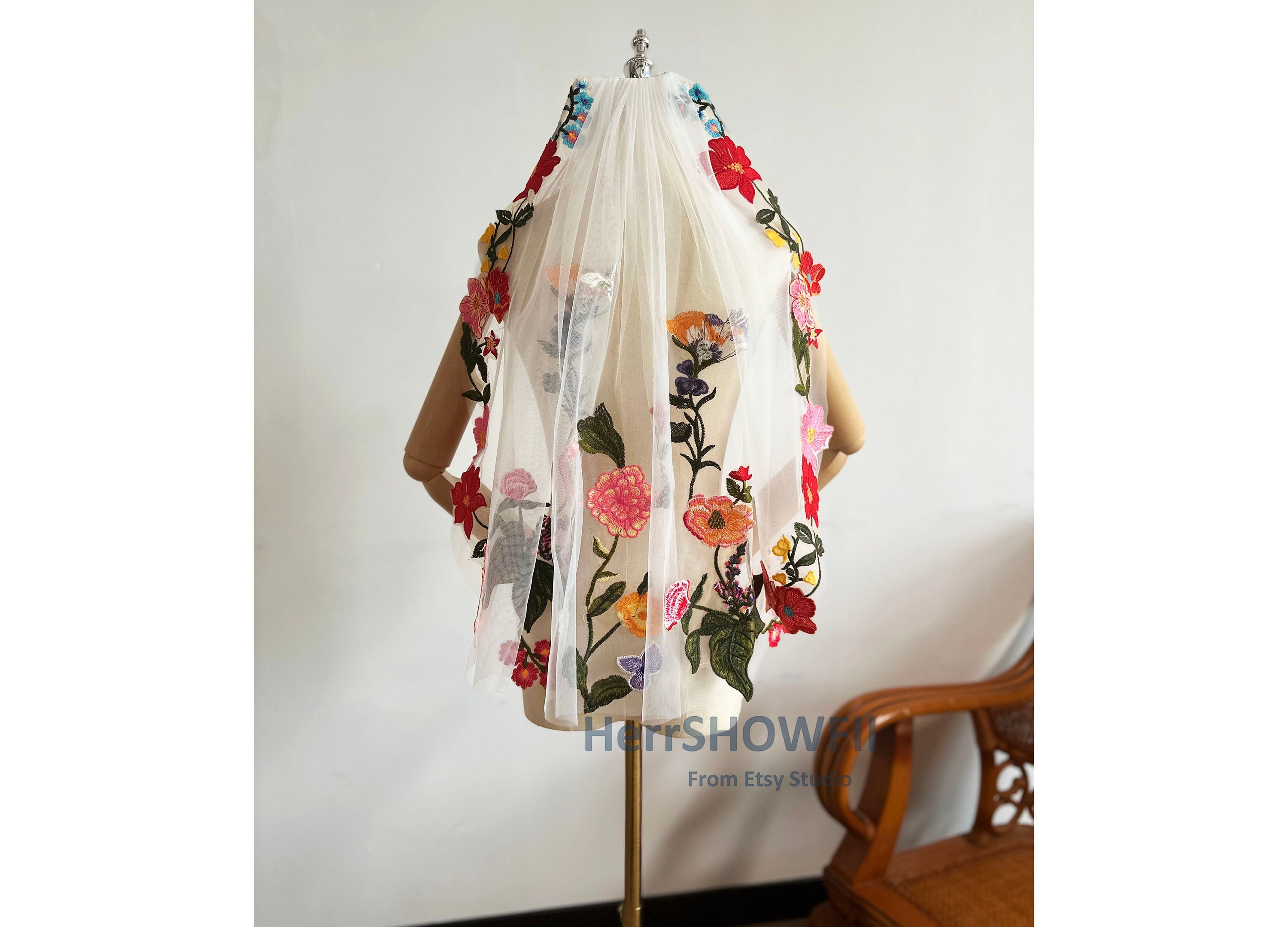 Wedding Veil with Colorful Flower Lace, Pink&Red Floral Lace Bridal Veil, Soft Tulle Long Veil with Comb, Green Leaves Edged Lace Veil
