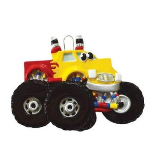 MONSTER TRUCK Yellow and Red and Blue Personalized Christmas Ornament