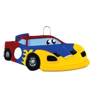 RACE CAR Yellow and Blue Personalized Christmas Ornament
